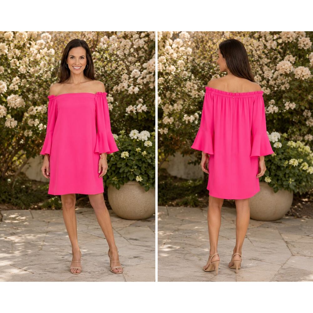 Trina Turk Hot Pink Off Shoulder Bell Sleeve Mini Dress Medium NWT MSRP $258 - Picture 3 of 12